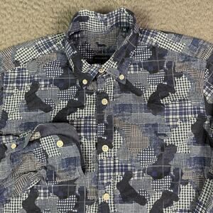 Harmont & Blaine Shirt Mens M Blue Camo Houndstooth Plaid Patchwork Geometric